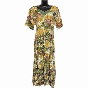 VINTAGE 1990s LACE MAXI DRESS FLORAL PRINT BOHO FAIRY GRUNGE COTTAGECORE SIZE M